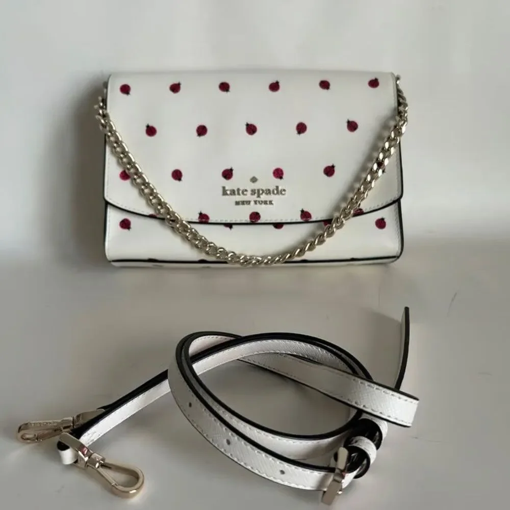 Kate Spade Ladybug Print Crossbody Bag White Saffiano Leather Chain Strap Purse